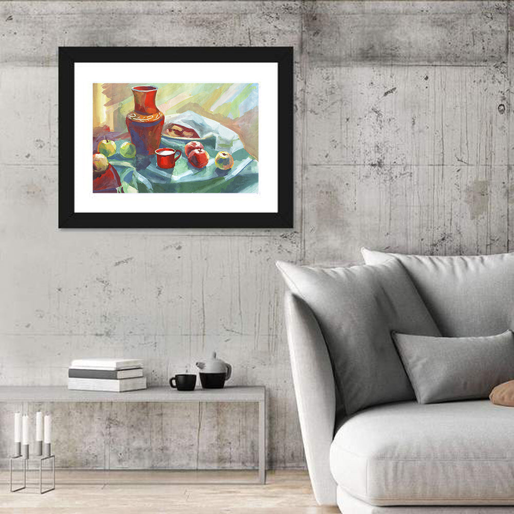 Vase, Apples and Red Cup Still Life Wall Art in a room, landscape