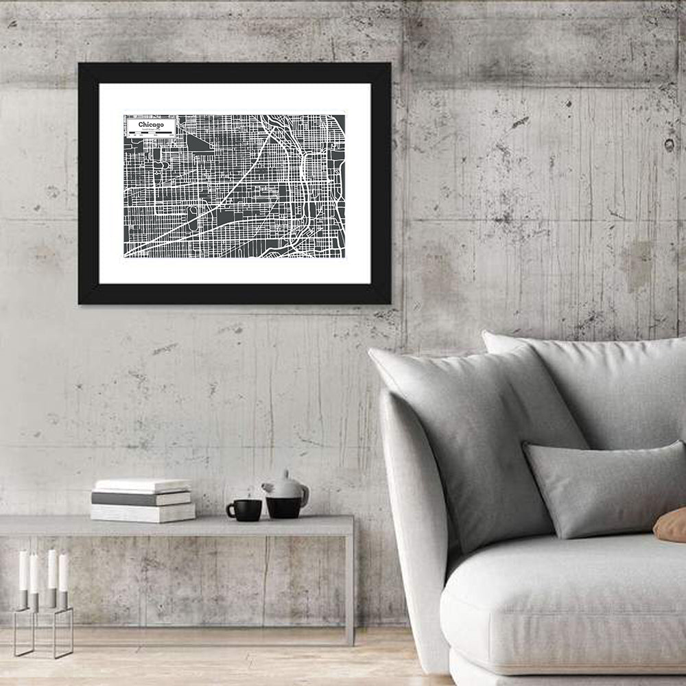 Chicago Street Grid Map Wall Art in a room, landscape