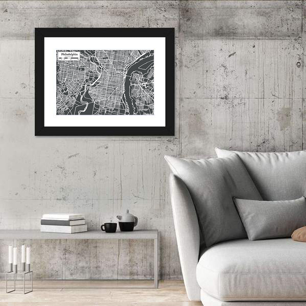 Philadelphia Street Grid Map Wall Art in a room, landscape
