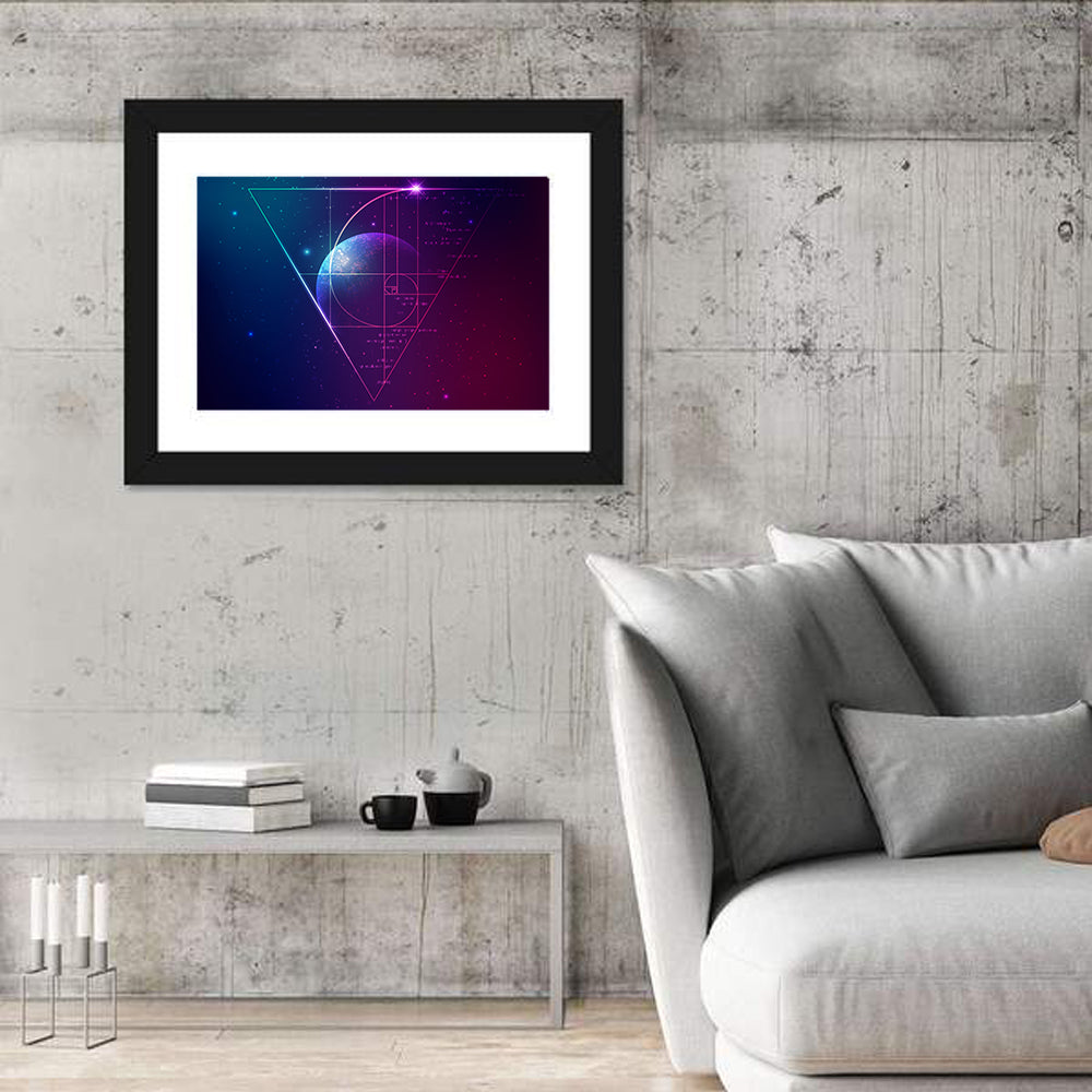 Golden Spiral Planet Wall Art in a room, landscape