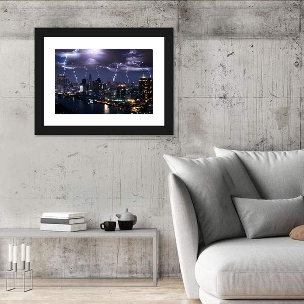 Night Lightning Over River Skyline Wall Art