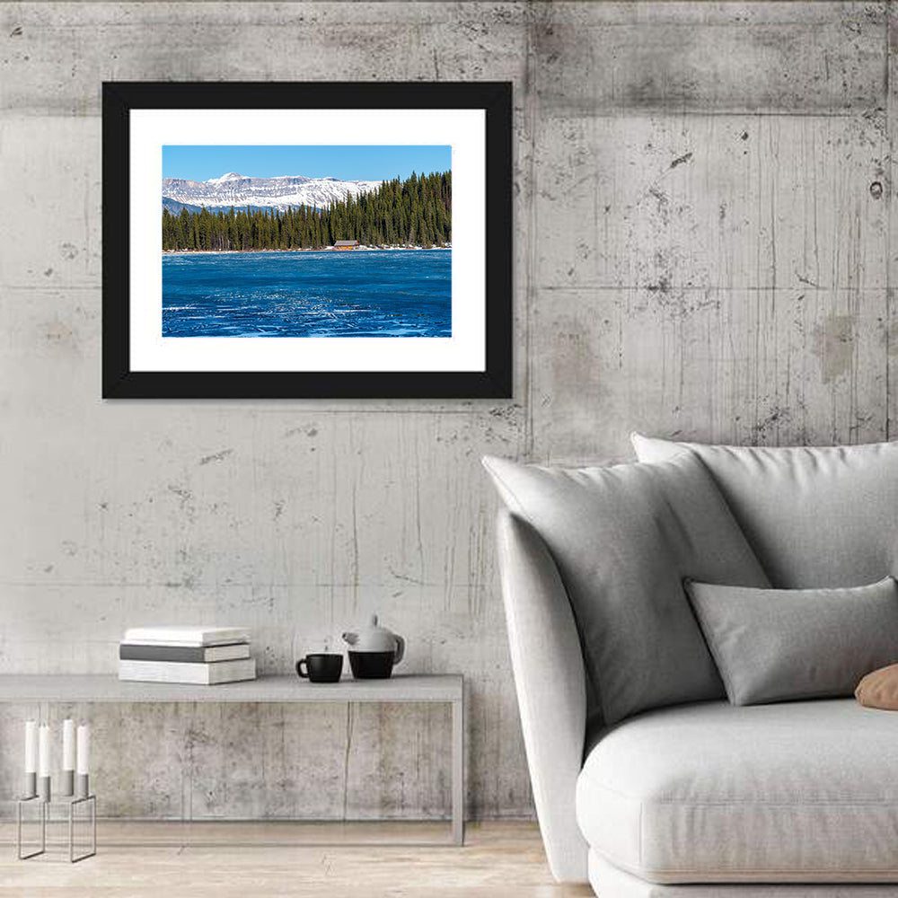 Boathouse on Frozen Lake Louise Wall Art