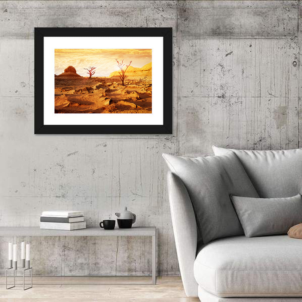 Skeletal Trees in Golden Desert Wall Art