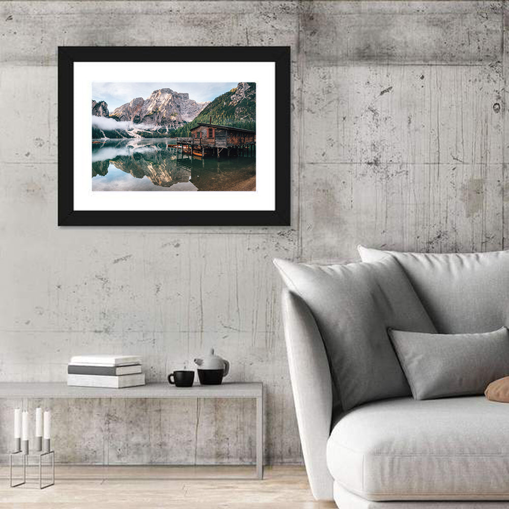 Lago Di Braies Boat House Wall Art in a room, landscape