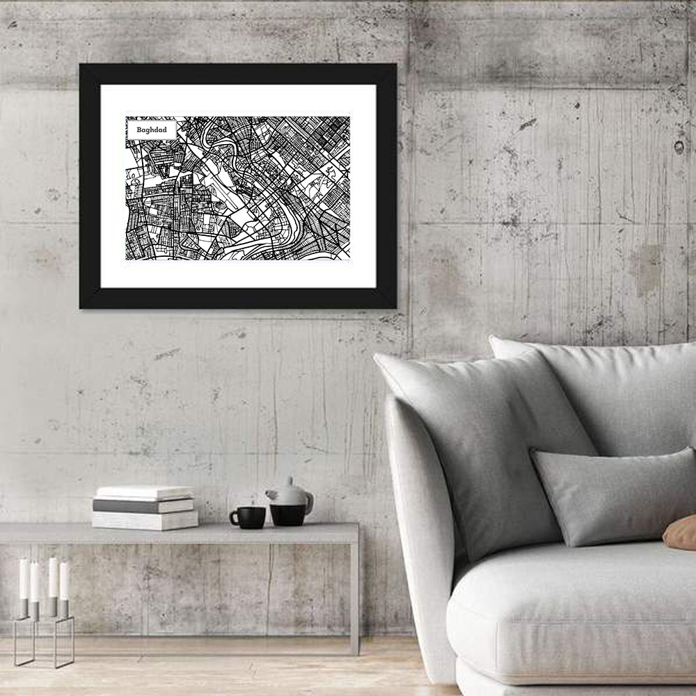 Baghdad Geometric Map Wall Art in a room, landscape