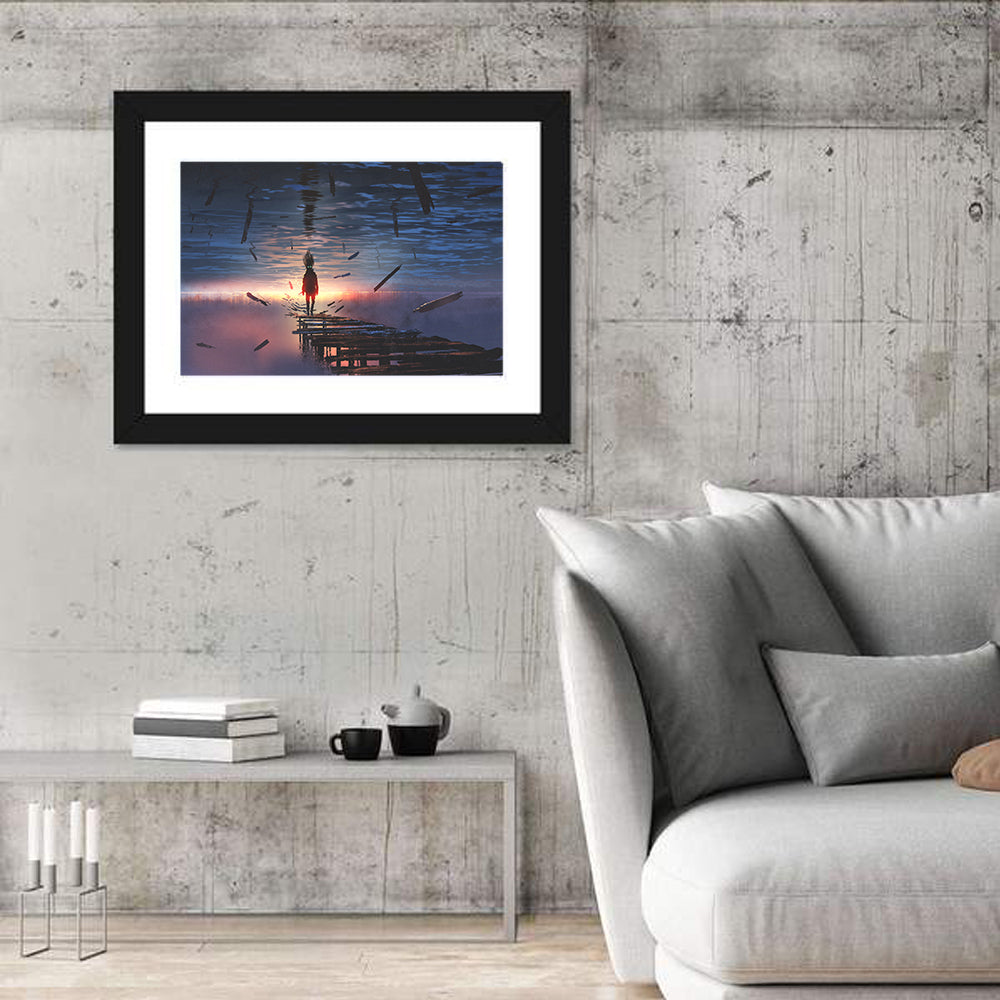 Surreal Sunset Over Mirrored Lake Wall Art in a room, landscape