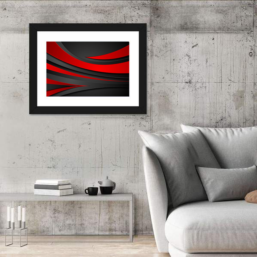 Layered Wavy Forms in Red and Black Wall Art in a room, landscape