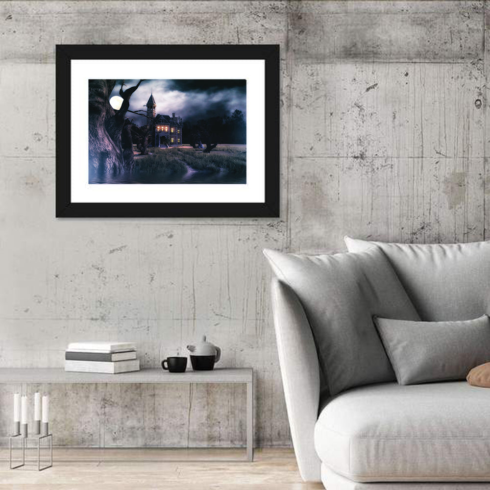 Moonlit Haunted House Wall Art in a room, landscape