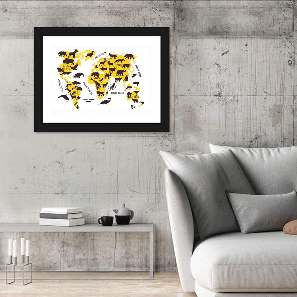 Animal World Map Wall Art in a room, landscape