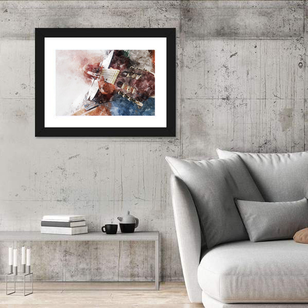 Acoustic Guitar Close Up Watercolor Wall Art in a room, landscape