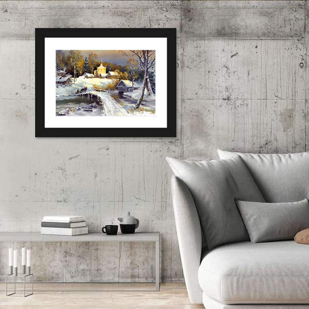 Snowy Village Bridge Wall Art in a room, landscape