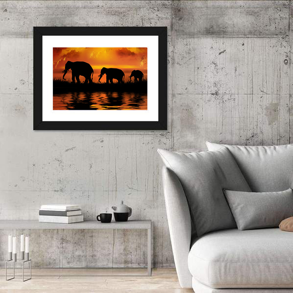 Elephants at Sunset Wall Art