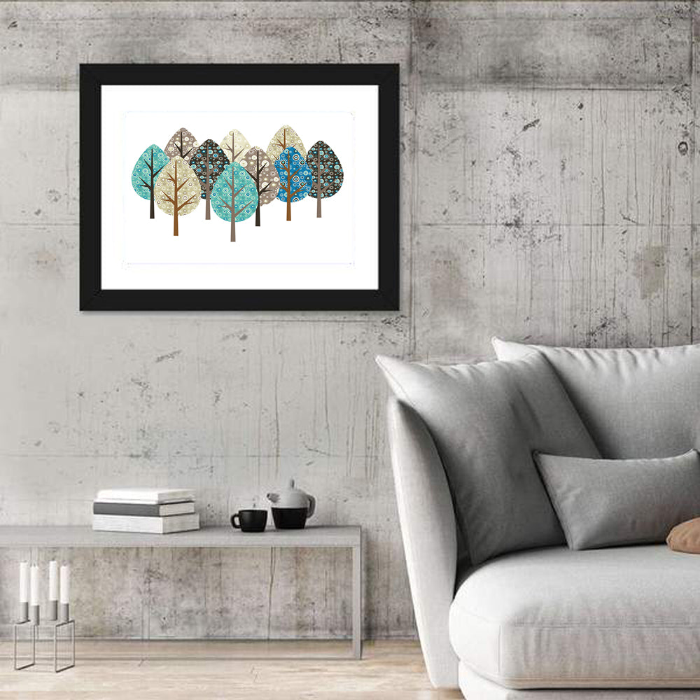 Blue Autumn Patterned Trees Wall Art in a room, landscape
