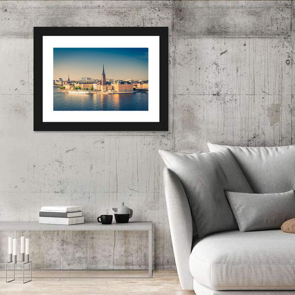 Riddarholmen Church Golden Hour Skyline Wall Art in a room, landscape