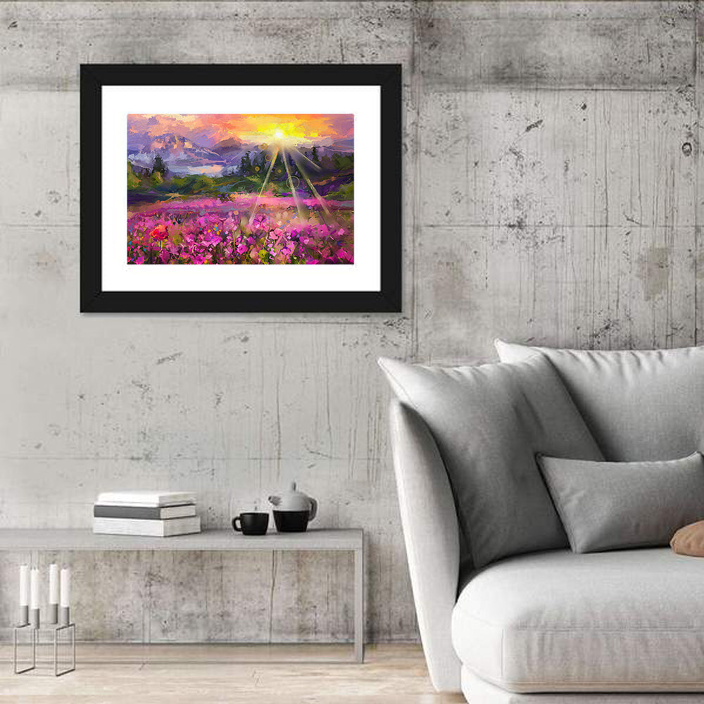 Cosmos Meadow Sunset Wall Art in a room, landscape