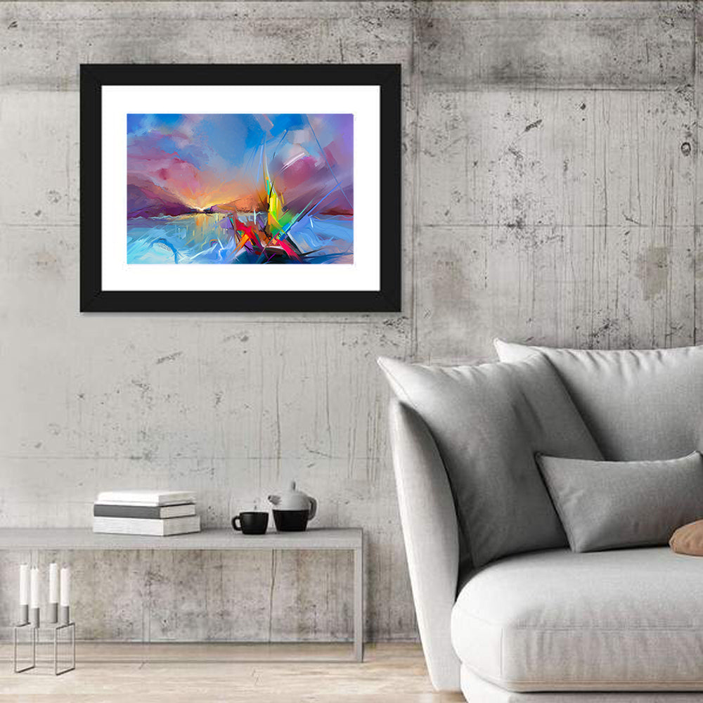 Radiant Sunset Sailboat Painting Wall Art in a room, landscape