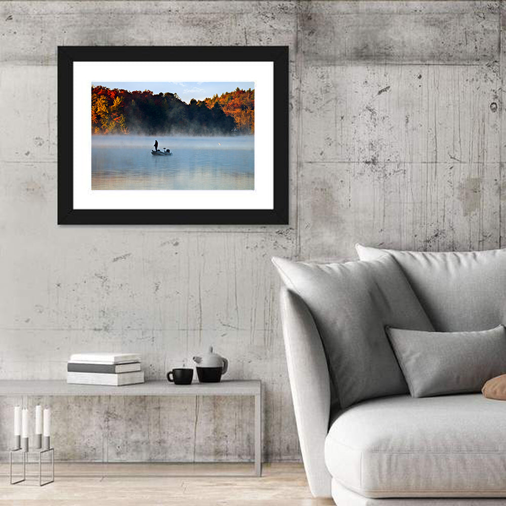 Misty Lake Fisherman Silhouette Wall Art in a room, landscape
