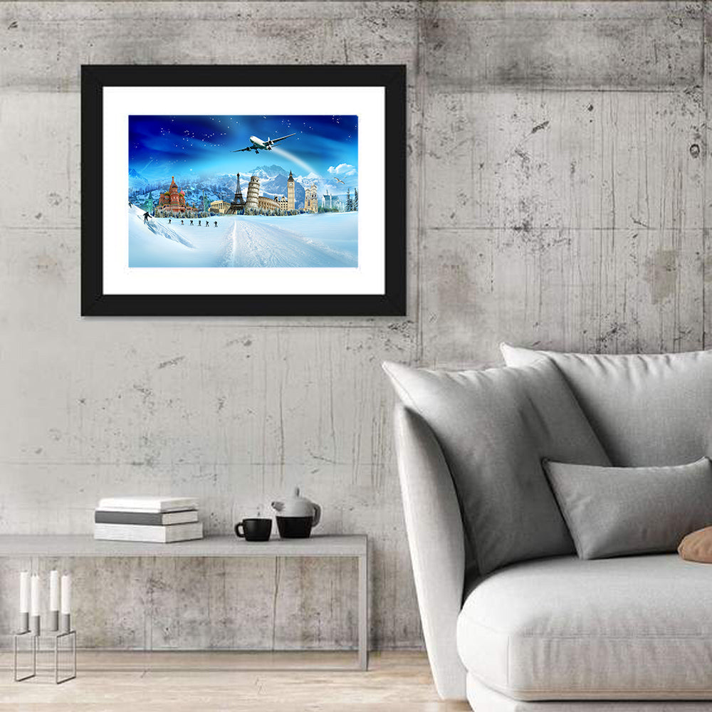 Global Winter Travel Montage Wall Art in a room, landscape