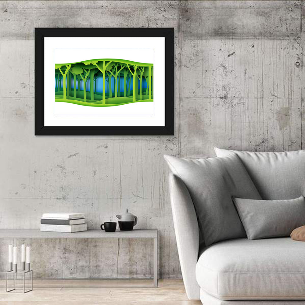 Layered Paper Forest Panorama Wall Art in a room, landscape