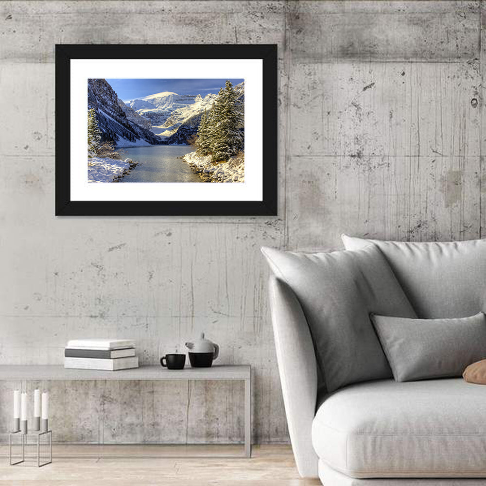 Lake Louise Snowy Shoreline Wall Art in a room, landscape