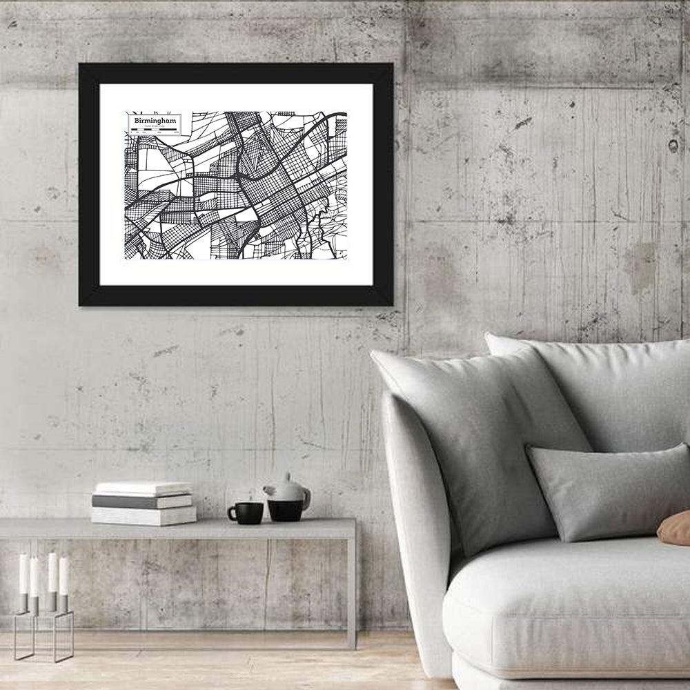 Birmingham Black and White City Map Wall Art in a room, landscape