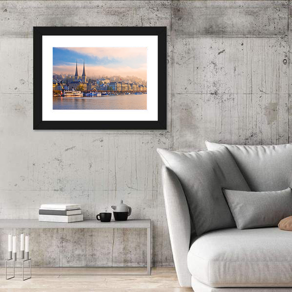 Hofkirche Lucerne Morning Reflection Wall Art in a room, landscape