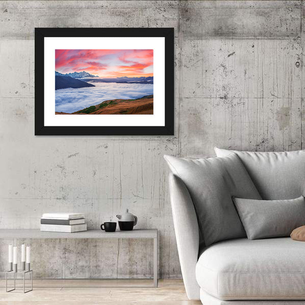 Mt Tetnuld Sunrise Over Clouds Wall Art in a room, landscape