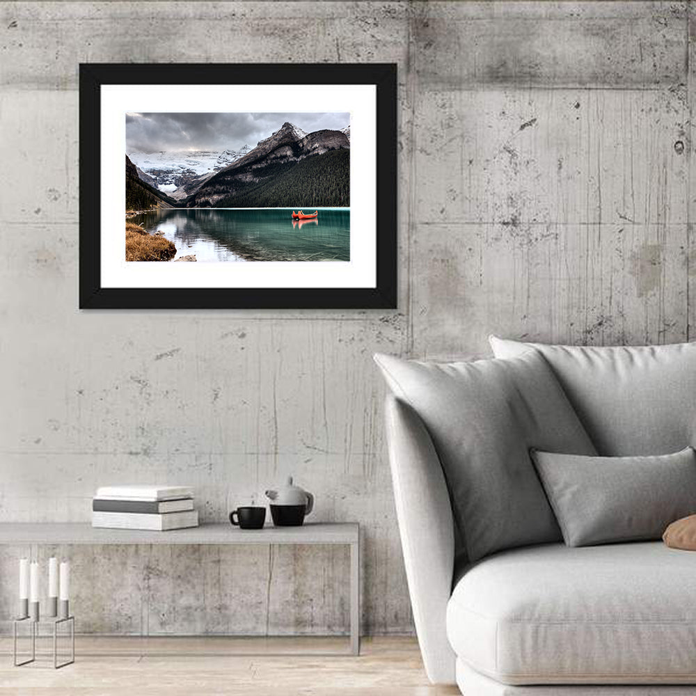 Lake Louise Canoes and Glacier Wall Art in a room, landscape