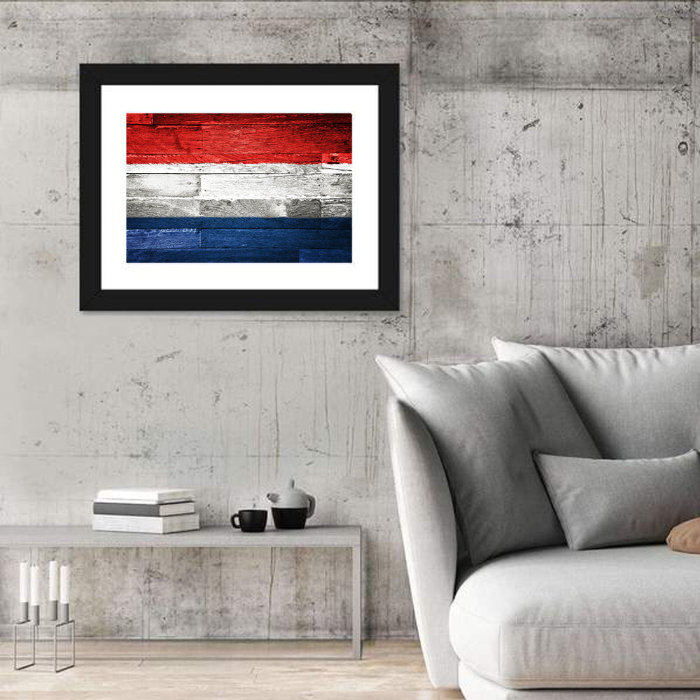 Dutch Flag on Distressed Wood Wall Art in a room, landscape