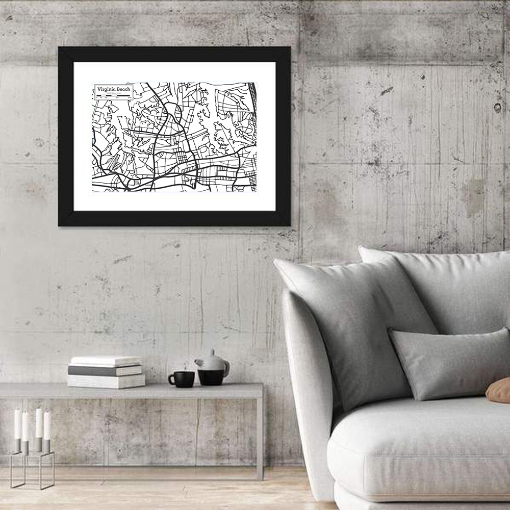 Virginia Beach Hand-drawn City Map Wall Art in a room, landscape