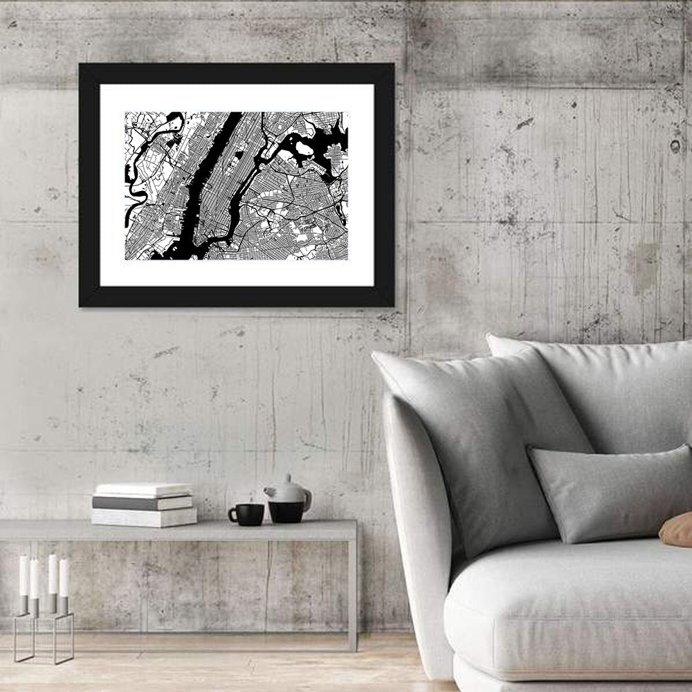 Minimalist Manhattan Map Wall Art in a room, landscape