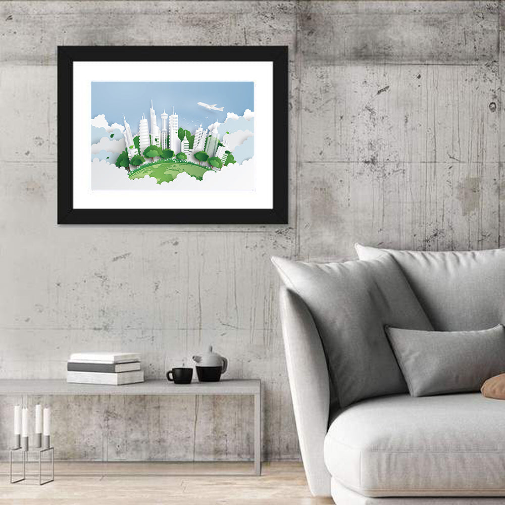 Green Globe Cityscape Wall Art in a room, landscape