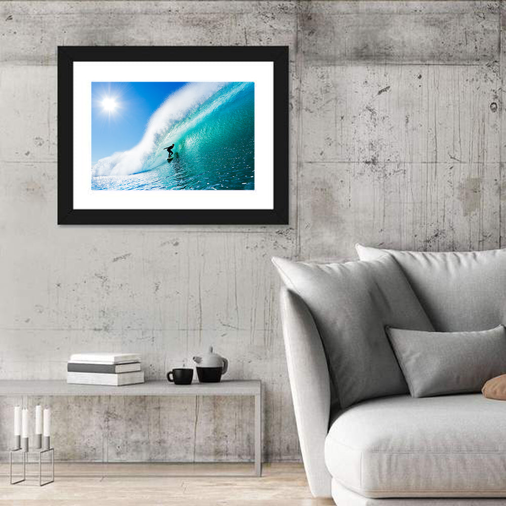 Surfer Inside Blue Barrel Wave Wall Art in a room, landscape