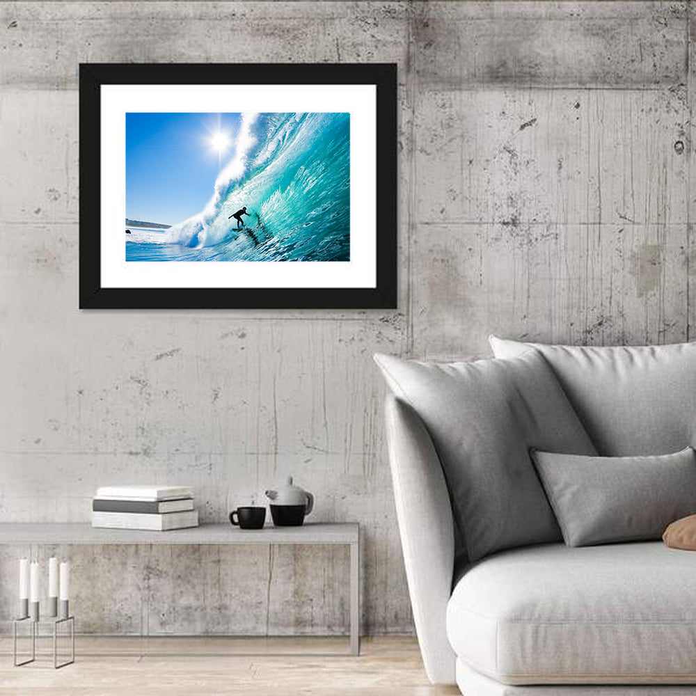 Sunlit Blue Wave with Surfer Wall Art in a room, landscape