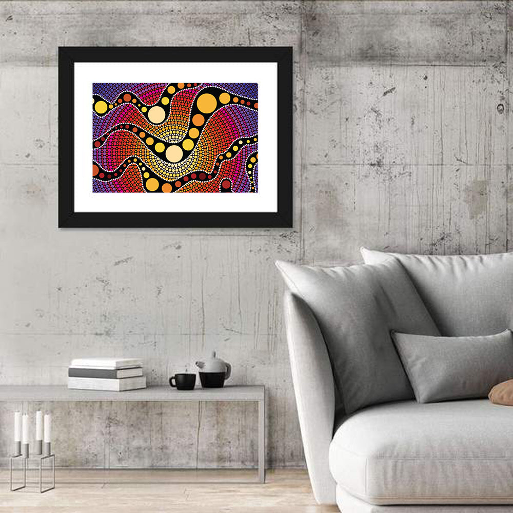 Aboriginal Dot Waves Wall Art in a room, landscape
