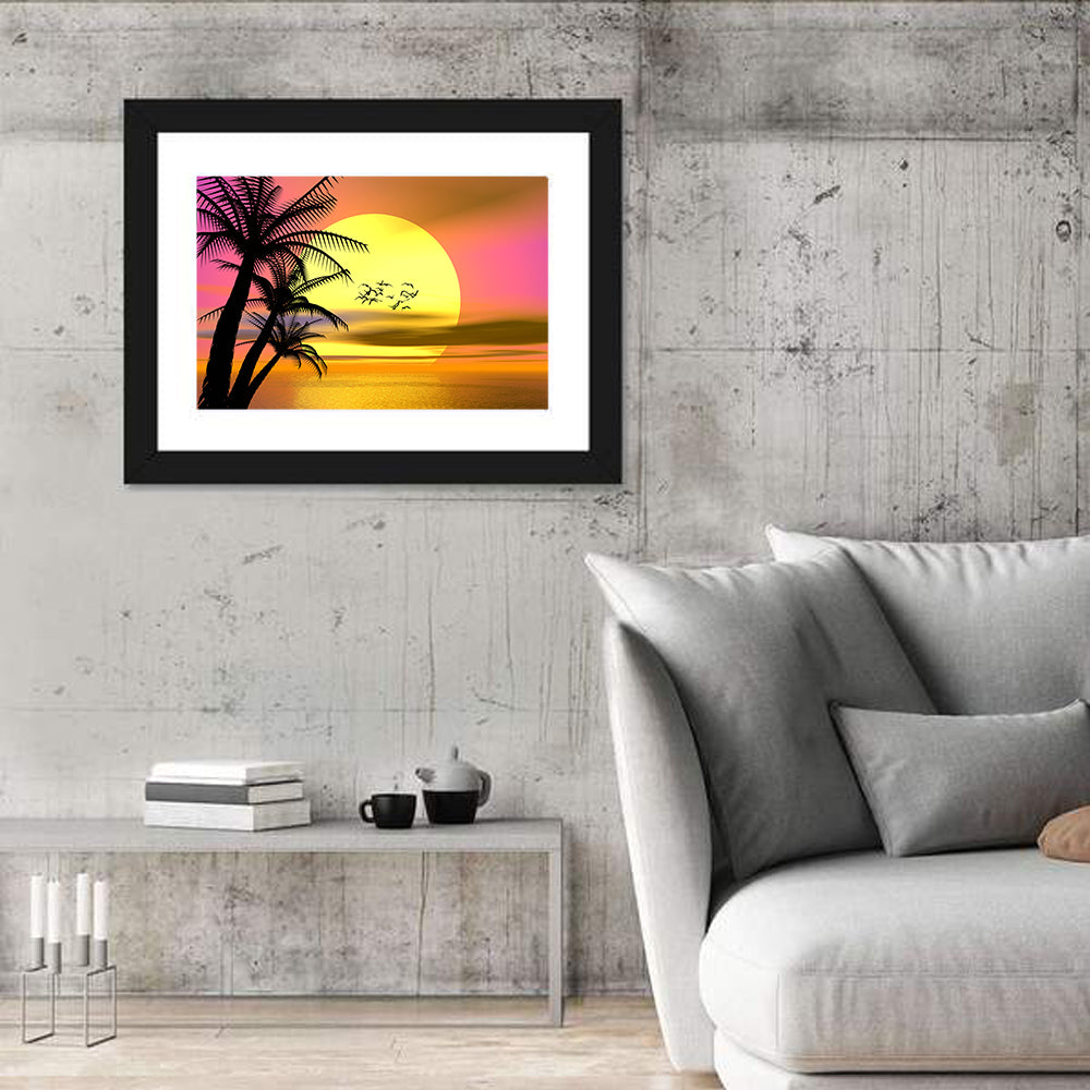Tropical Sunset with Palm Silhouettes Wall Art in a room, landscape