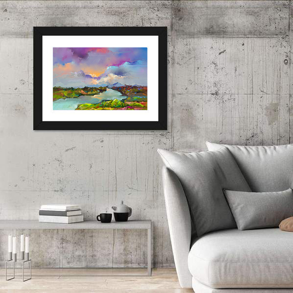 Sunset River and Meadow Abstraction Wall Art in a room, landscape