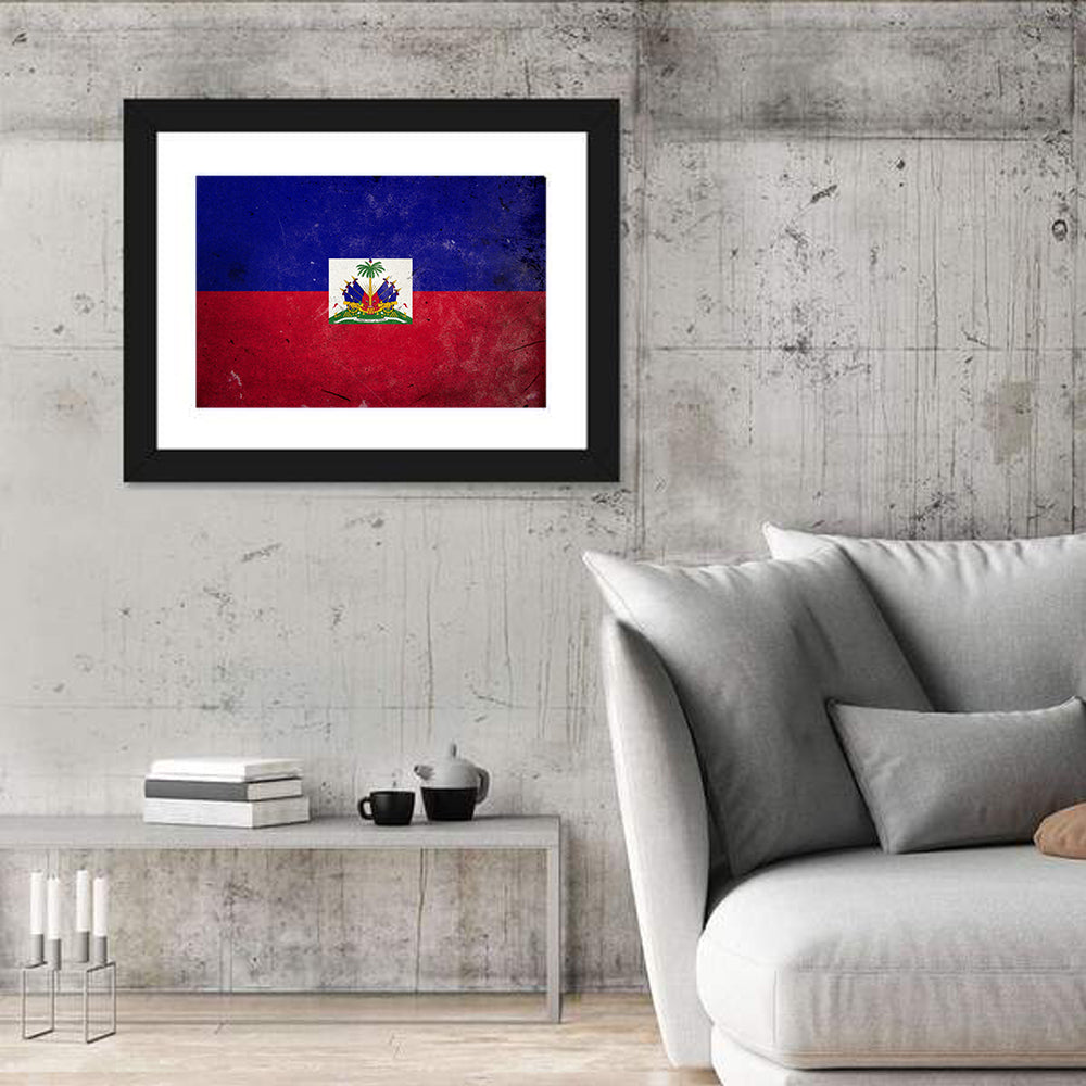 Haitian Flag with Distressed Emblem Wall Art in a room, landscape