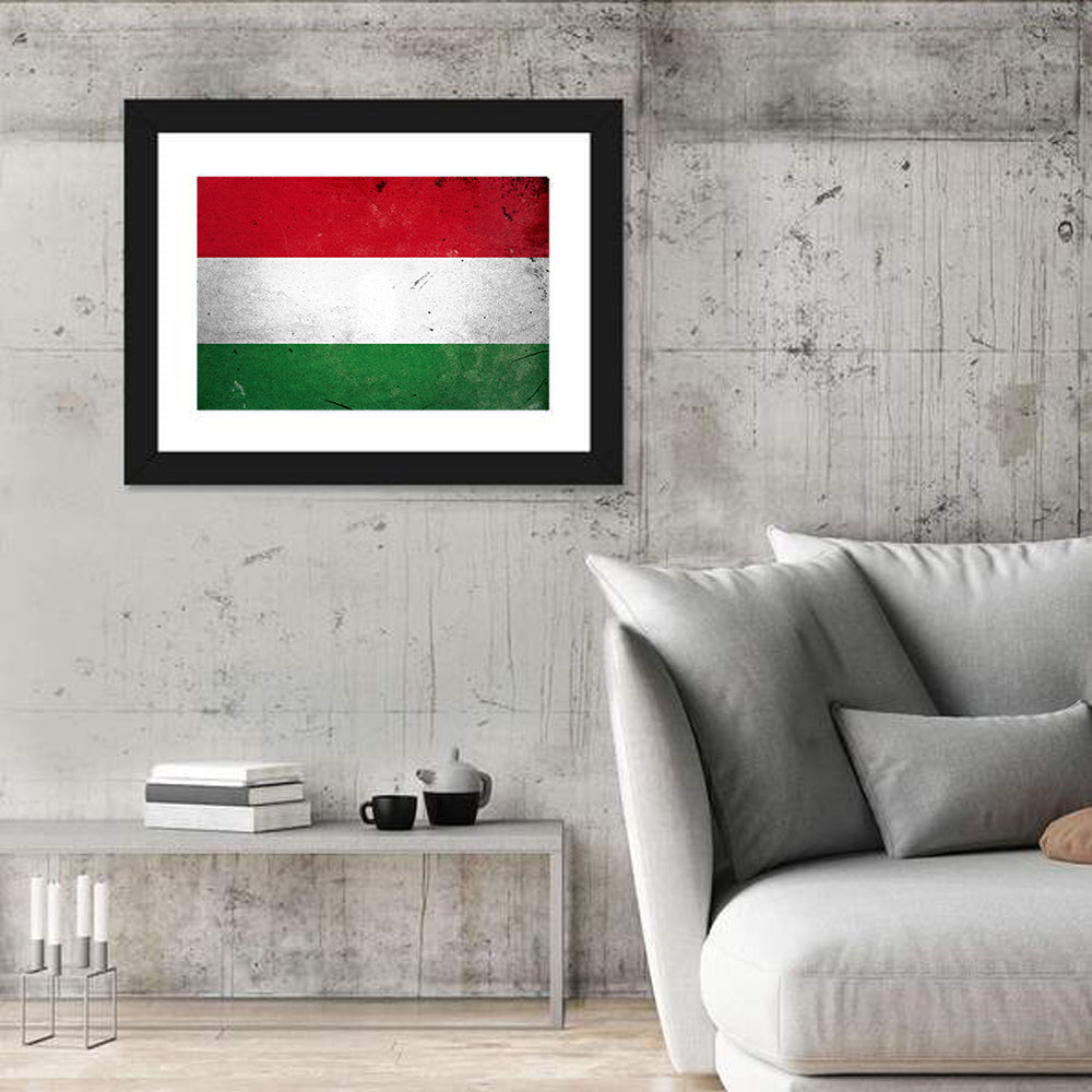 Vintage Hungarian Flag Wall Art in a room, landscape