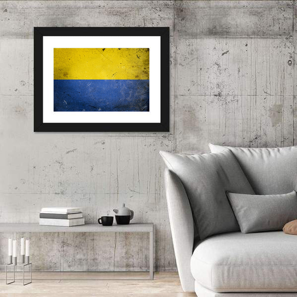Distressed Ukraine Flag Wall Art in a room, landscape