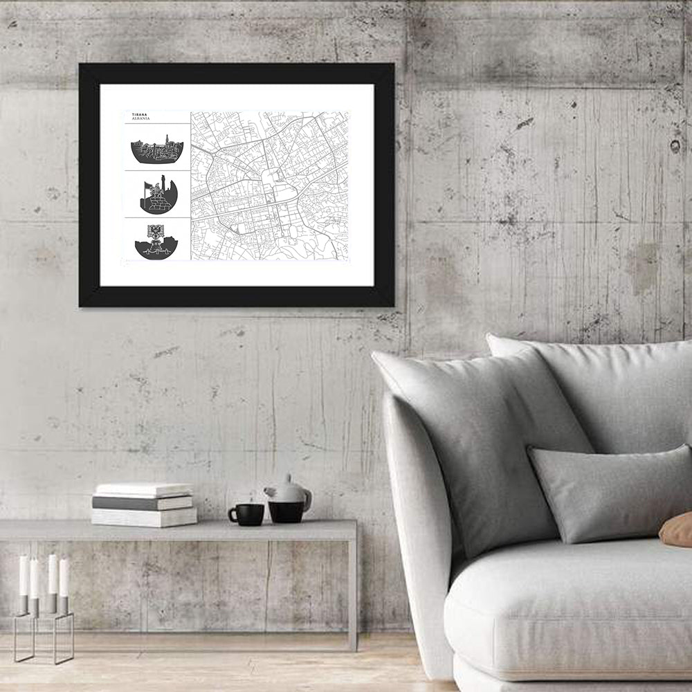 Tirana Street Map with Icons Wall Art in a room, landscape