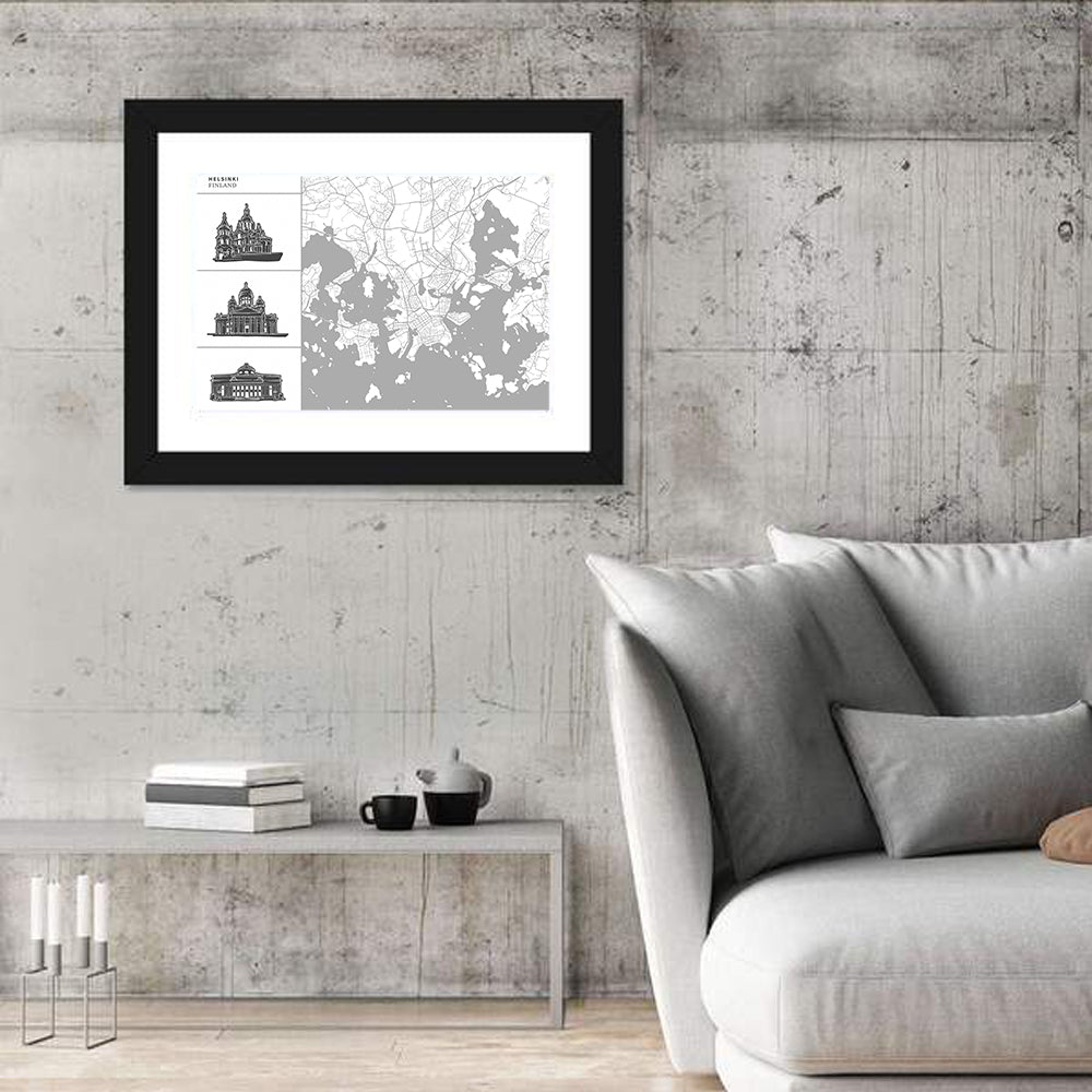 Helsinki Architectural Map Wall Art in a room, landscape