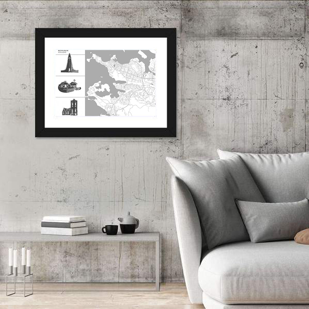 Reykjavik Map with Hallgrimskirkja Wall Art