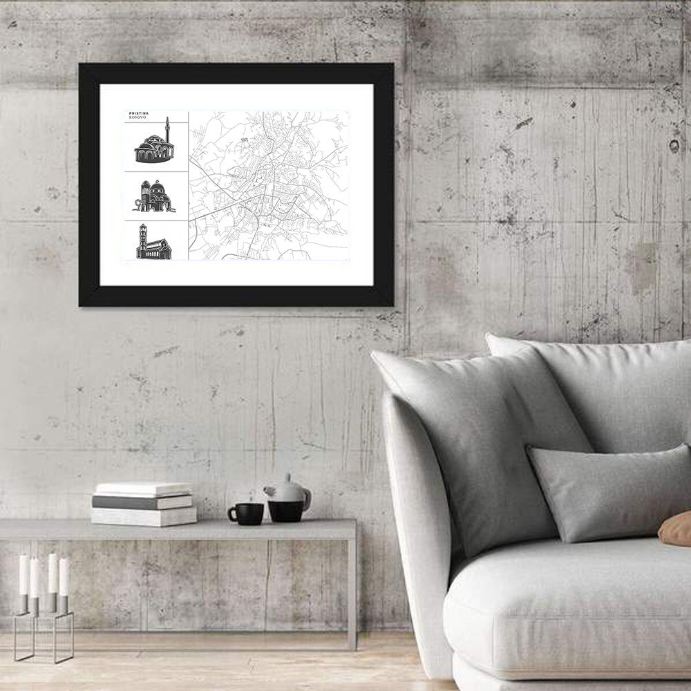Pristina City Map Illustration Wall Art in a room, landscape