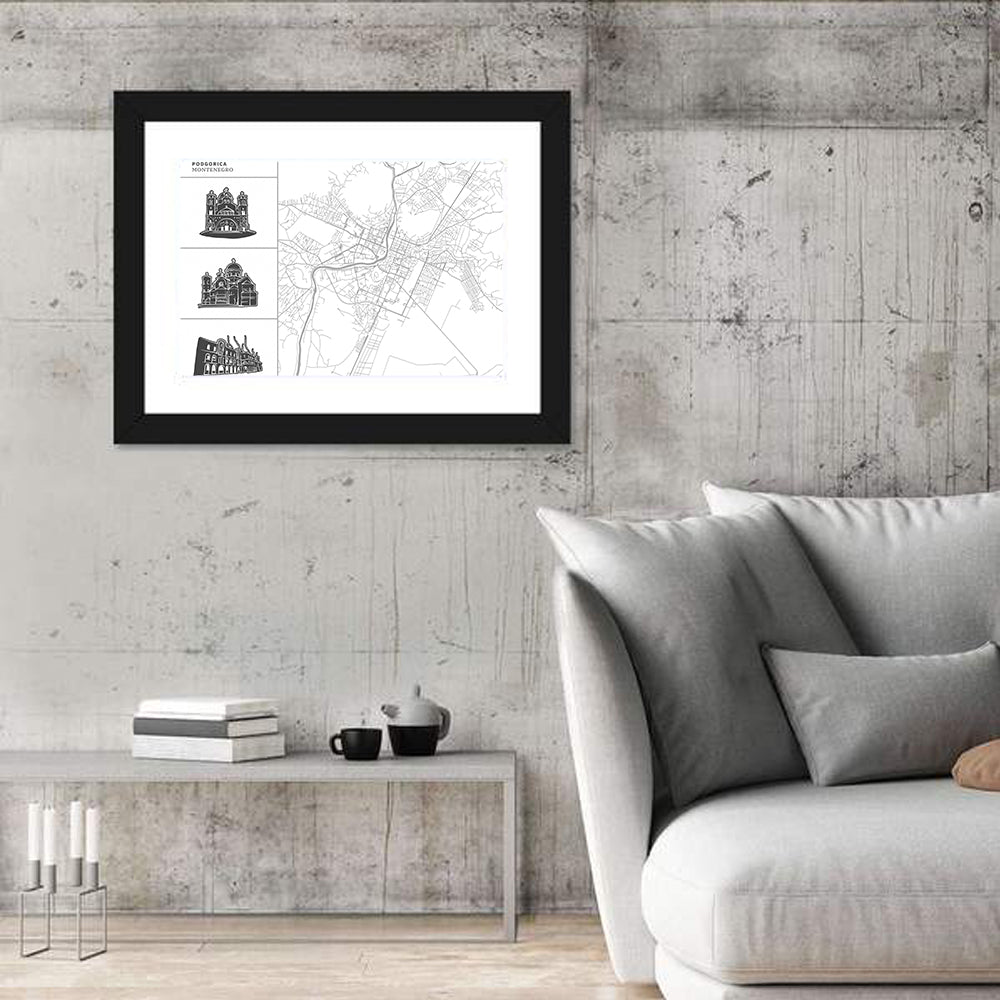 Podgorica Architectural City Map Wall Art
