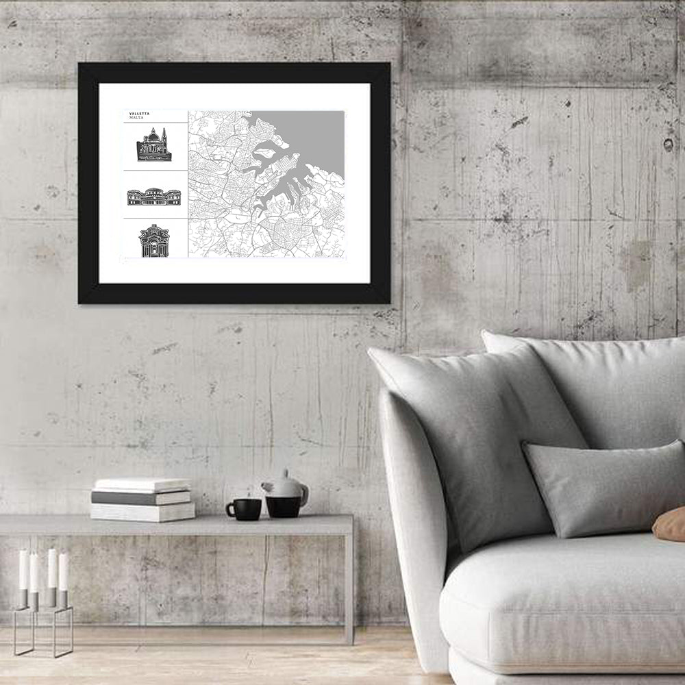 Valletta Street Map with Landmarks Wall Art in a room, landscape