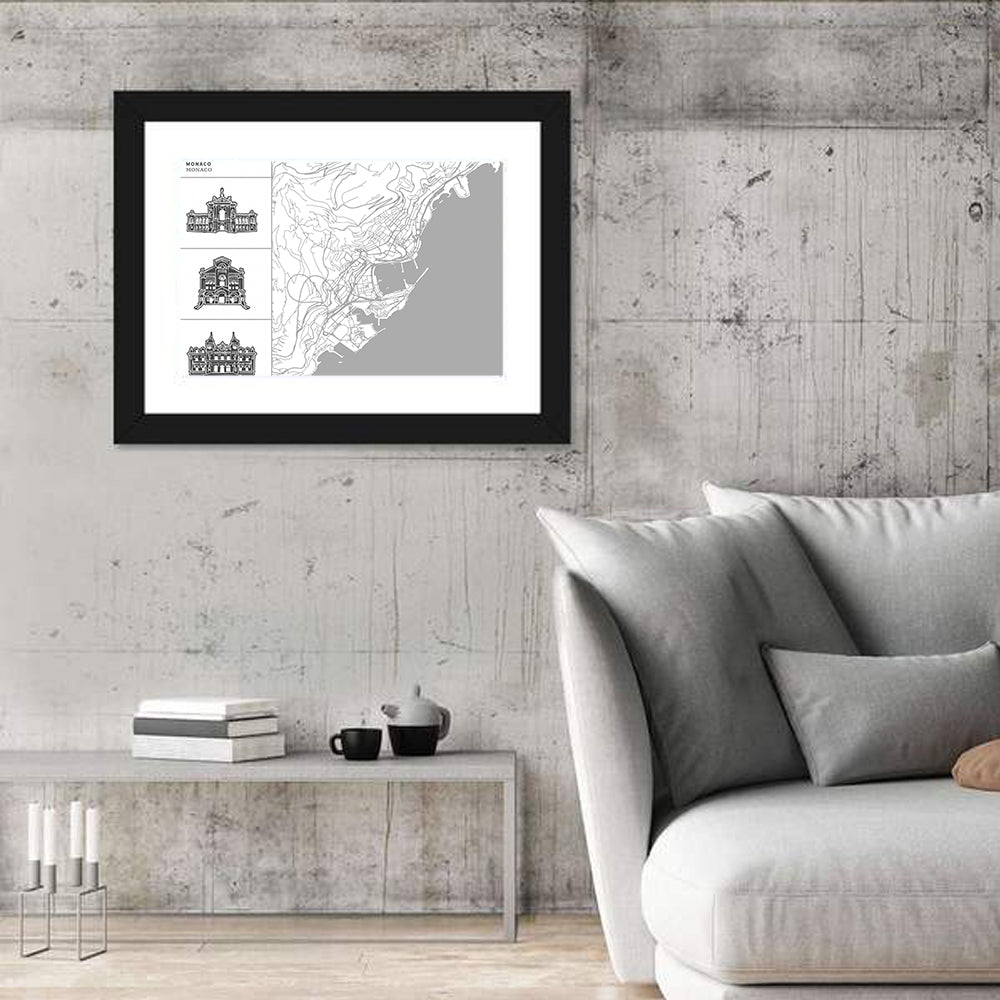 Monaco Map with Architectural Icons Wall Art in a room, landscape
