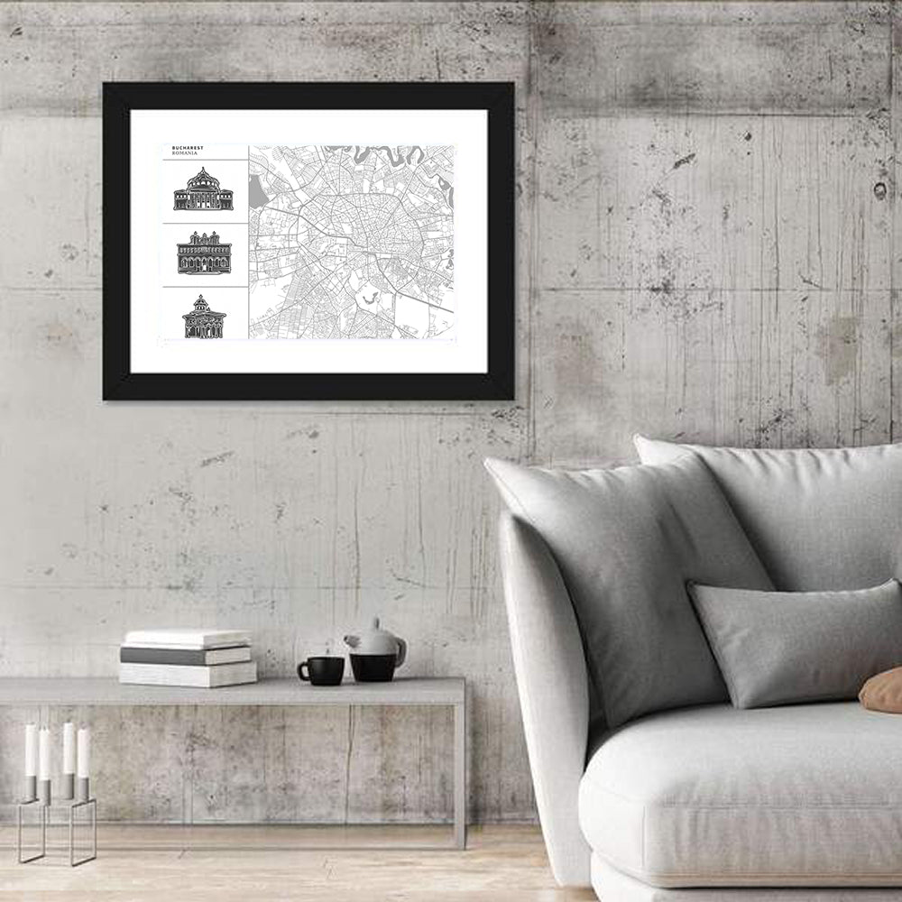 Bucharest City Map with Architectural Sidebar Wall Art in a room, landscape