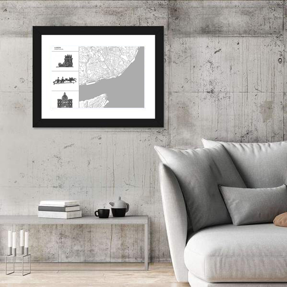 Lisbon Map with Architectural Icons Wall Art in a room, landscape