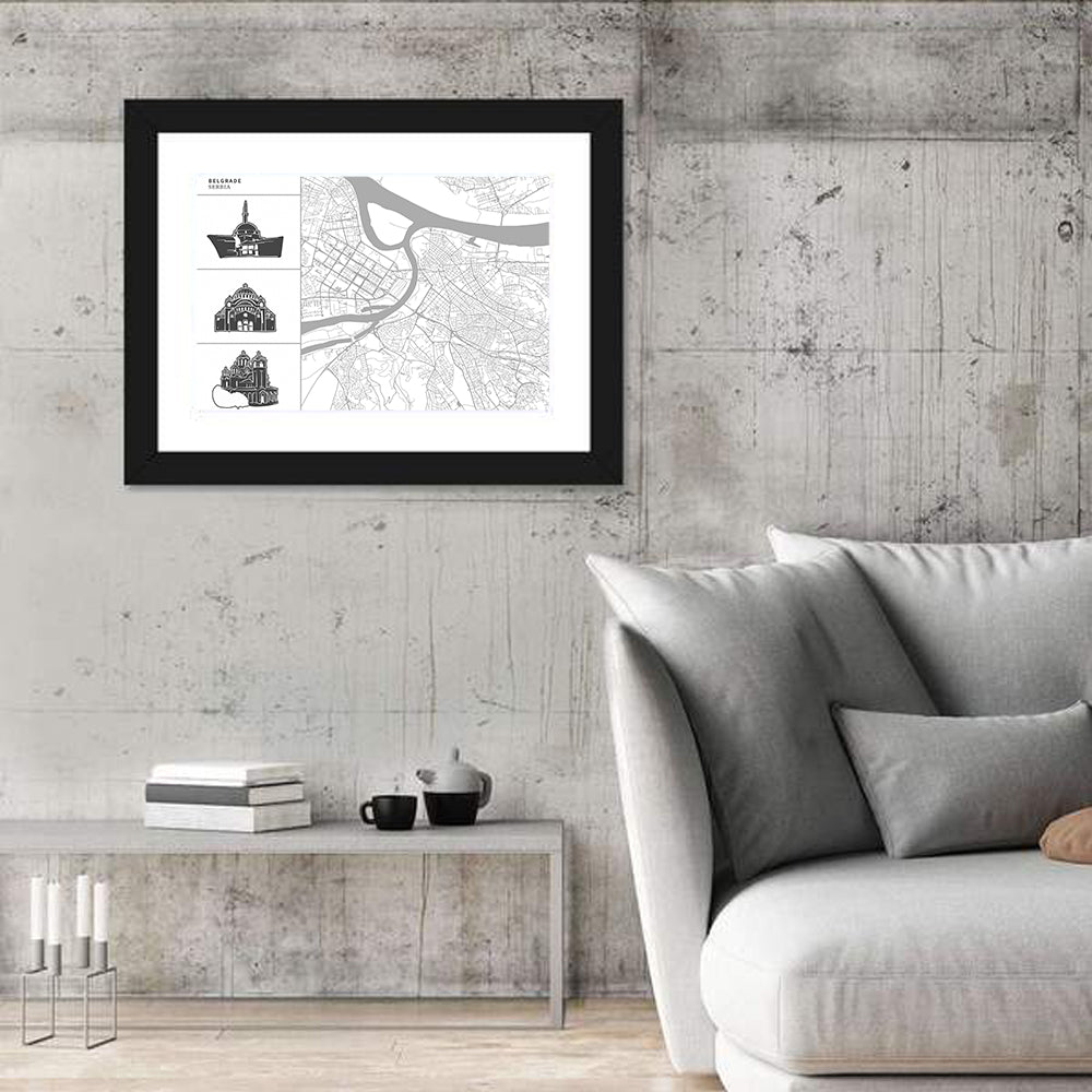 Belgrade Riverfront Map Wall Art in a room, landscape
